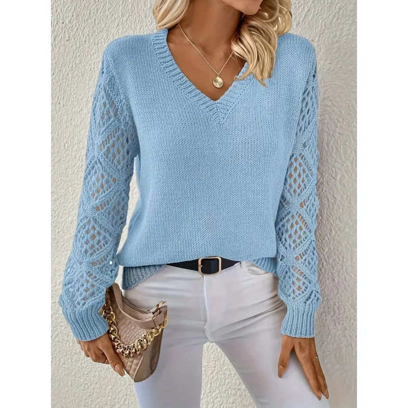 Women's Lightweight Knit Pullover Sweater – Hollow Pattern Cotton Blend