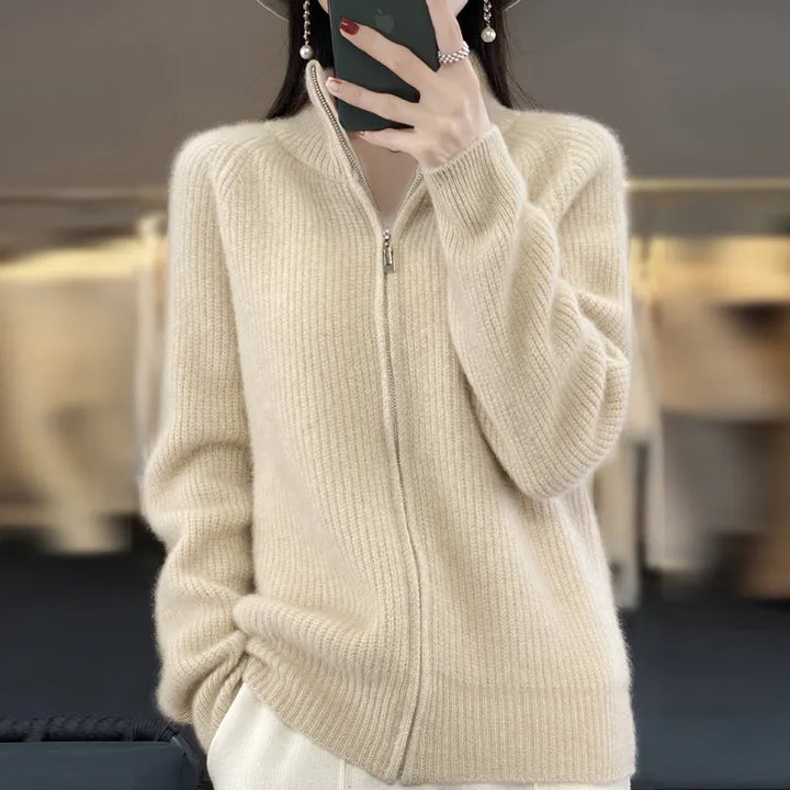 Women's Wool Turtleneck Zipper Cardigan – Ribbed Thick Knit