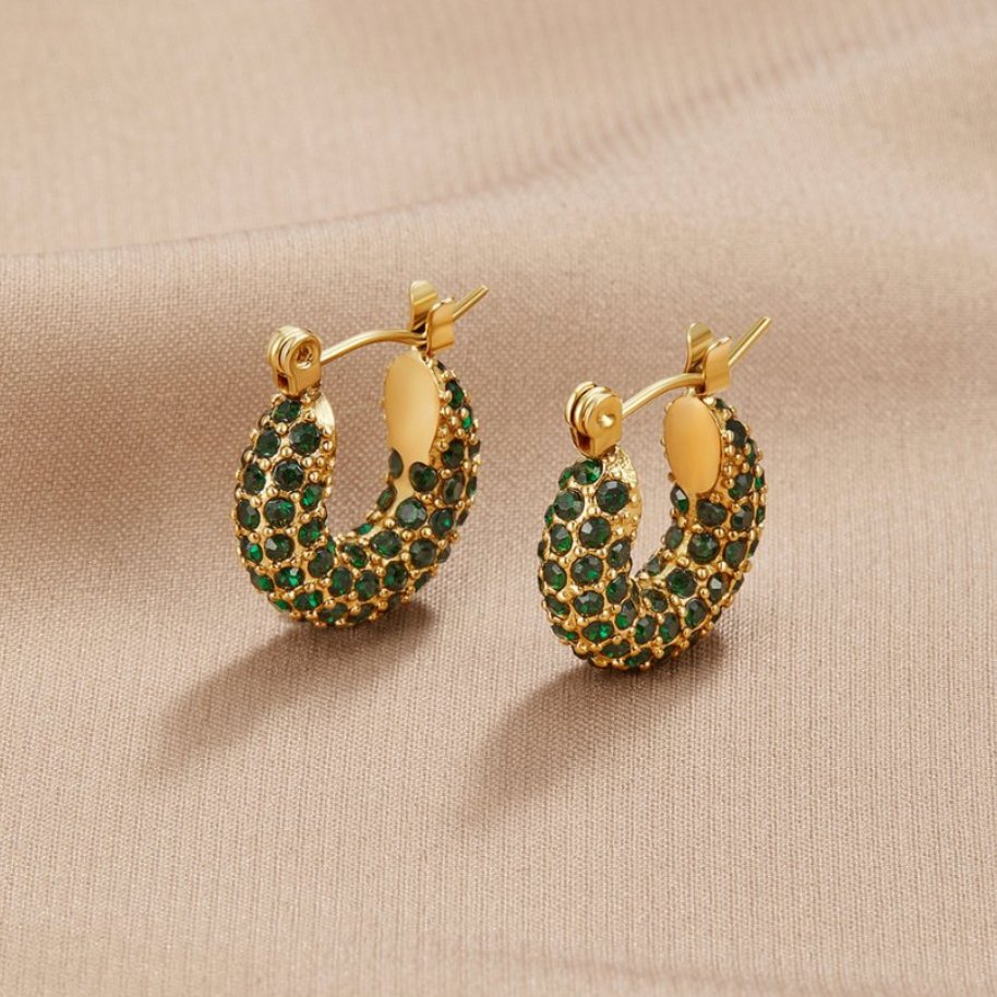 Emerald Green Stone Hoop Earrings