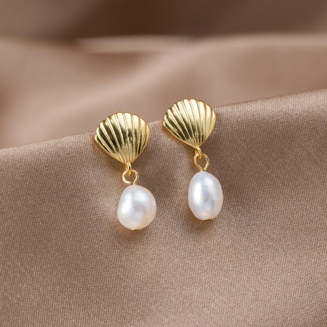 Freshwater Pearl and Gold-Tone Shell Earrings