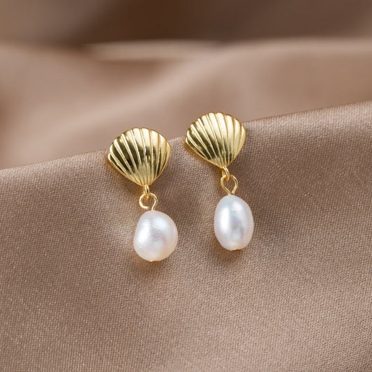 Freshwater Pearl and Gold-Tone Shell Earrings