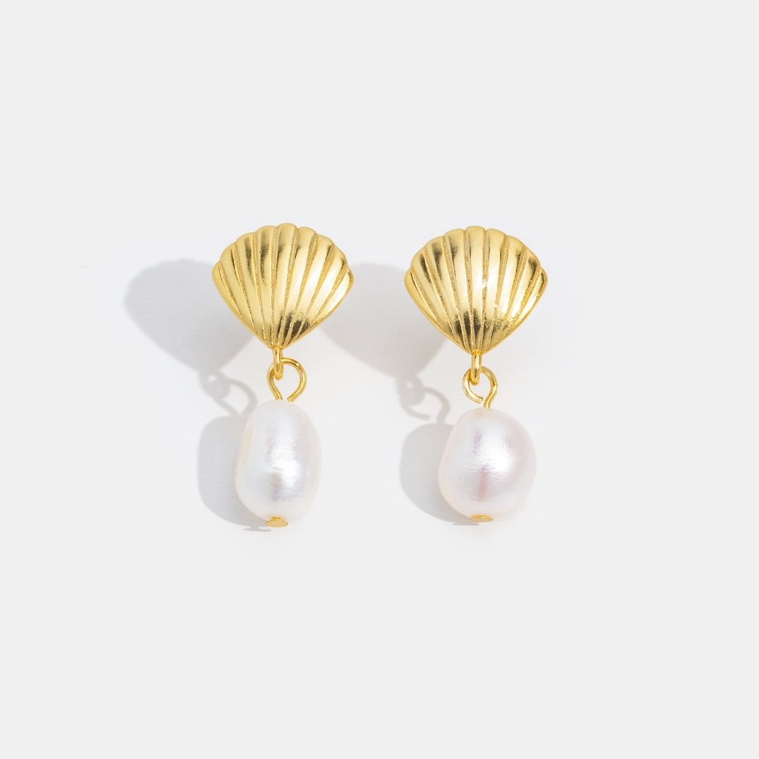 Freshwater Pearl and Gold-Tone Shell Earrings