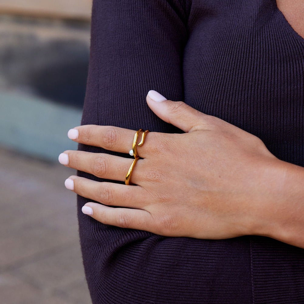 Geometric Gold-Tone and Pearl Ring