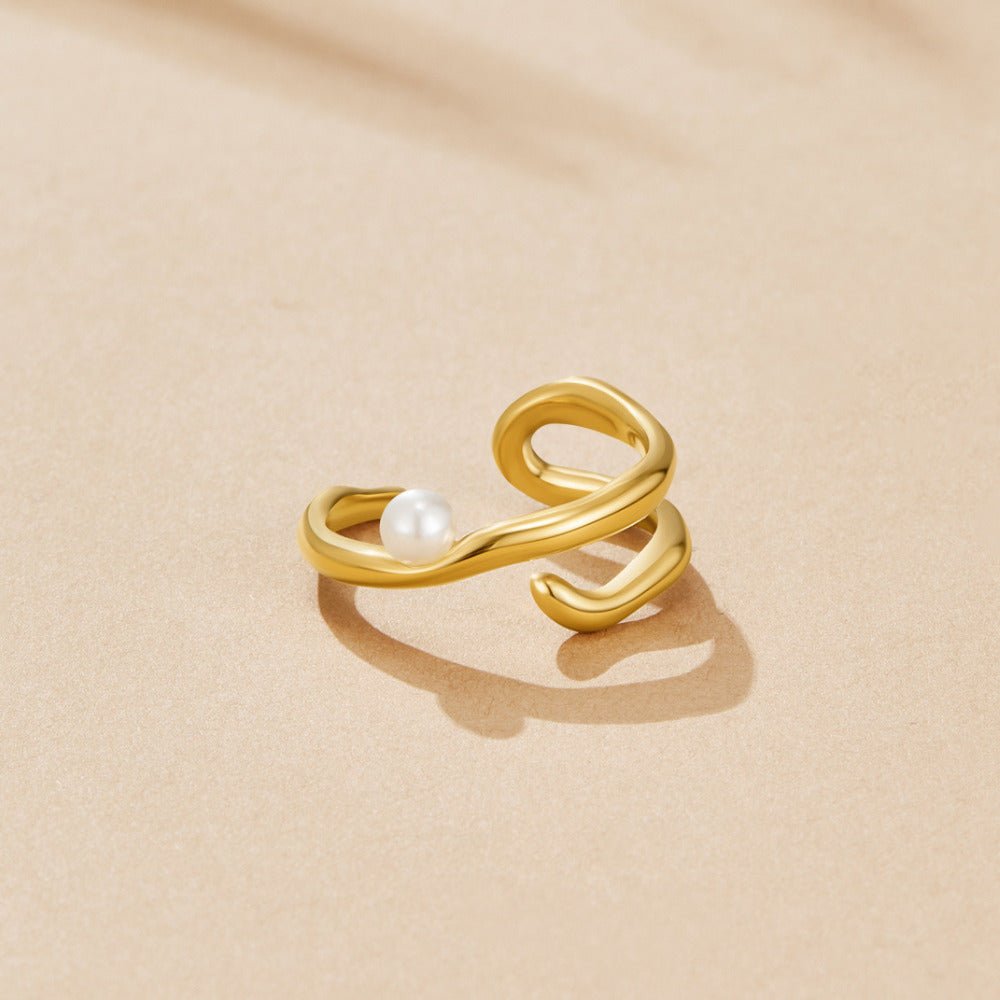 Geometric Gold-Tone and Pearl Ring