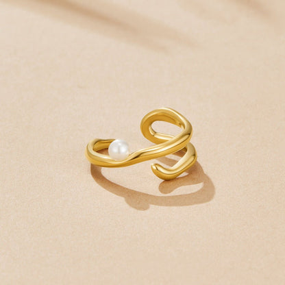 Geometric Gold-Tone and Pearl Ring