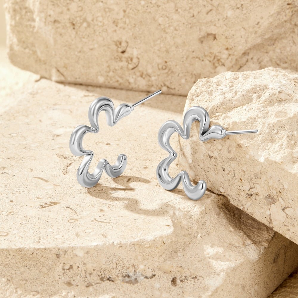 Silver-Tone Geometric Flower Hoops