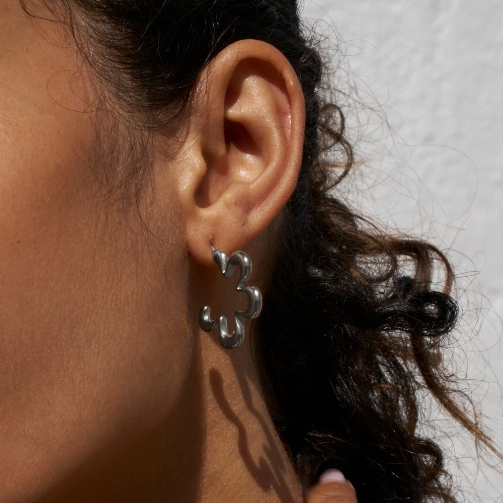 Silver-Tone Geometric Flower Hoops