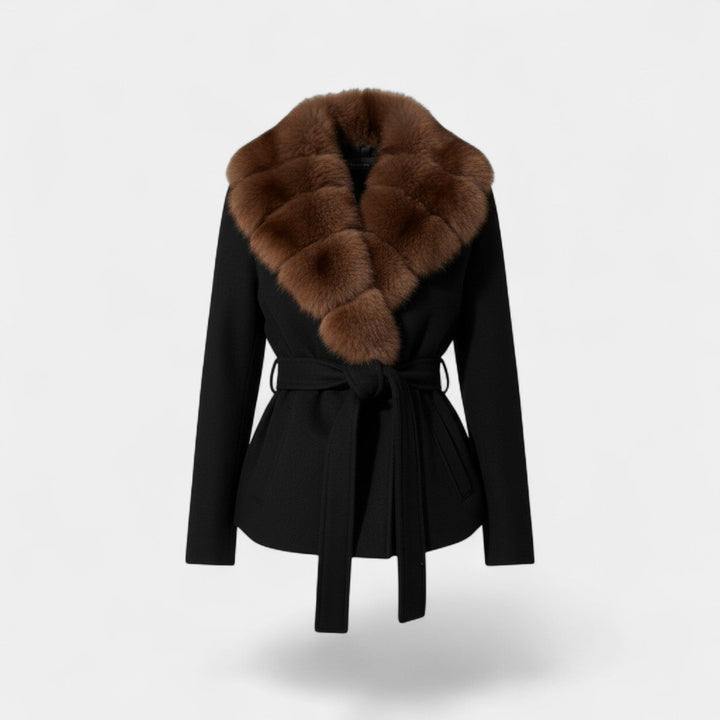 Women's Belted Winter Coat – Faux Fur Collar, Fitted Waist