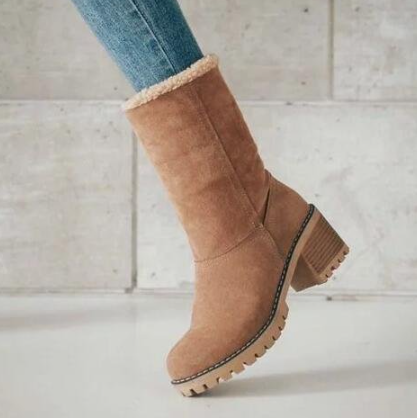 Women's Suede Mid-Tube Boot – Low Block Heel Winter Comfort