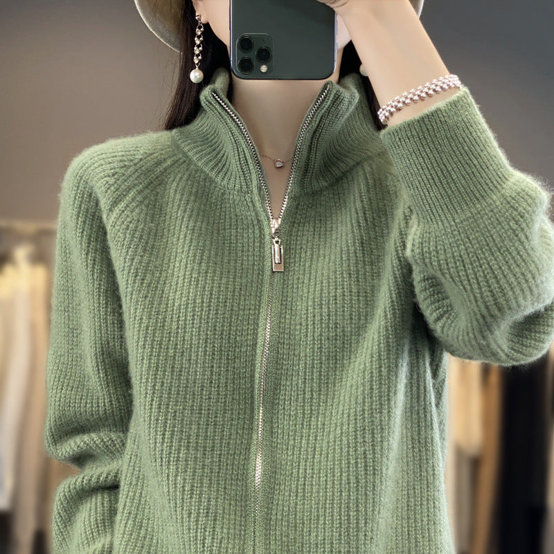 Women's Wool Turtleneck Zipper Cardigan – Ribbed Thick Knit