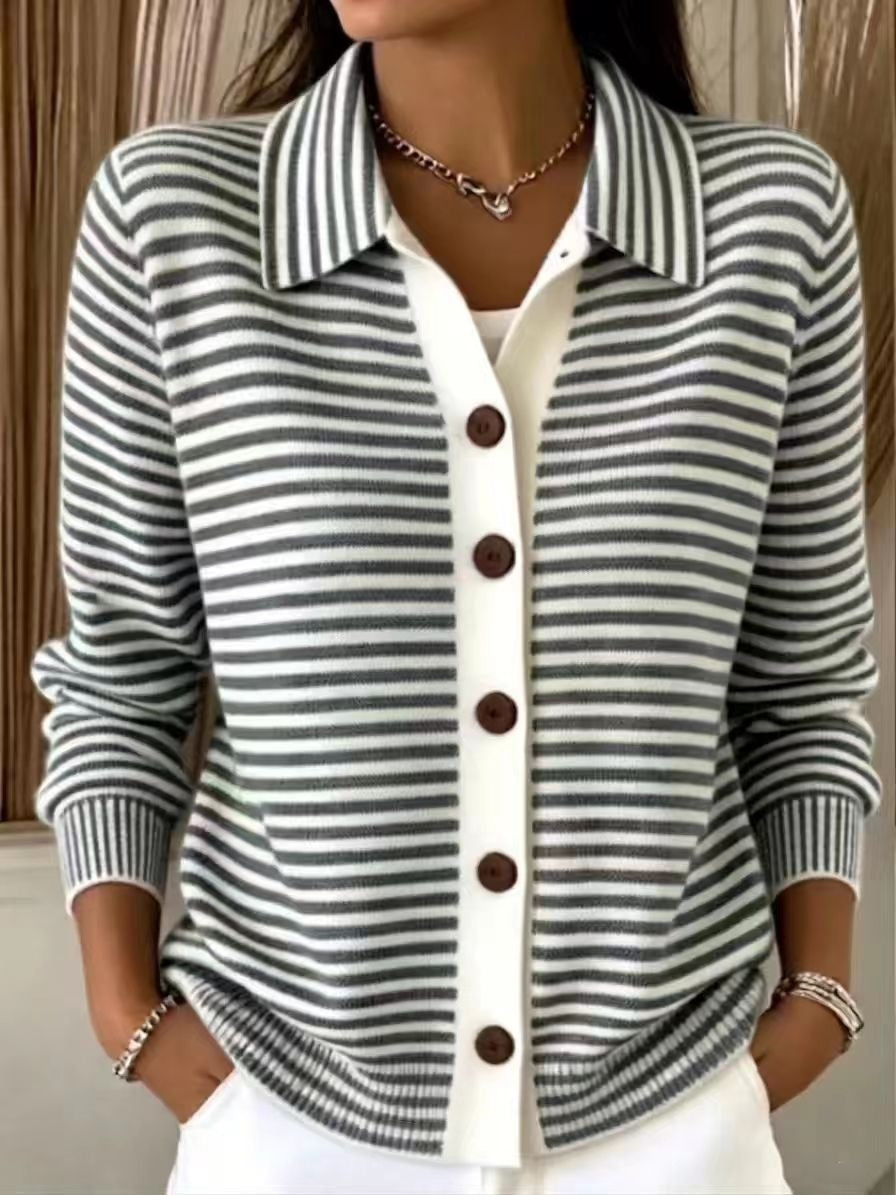 Women's Striped Knit Cardigan Button-Down Soft Cotton Layered Sweater