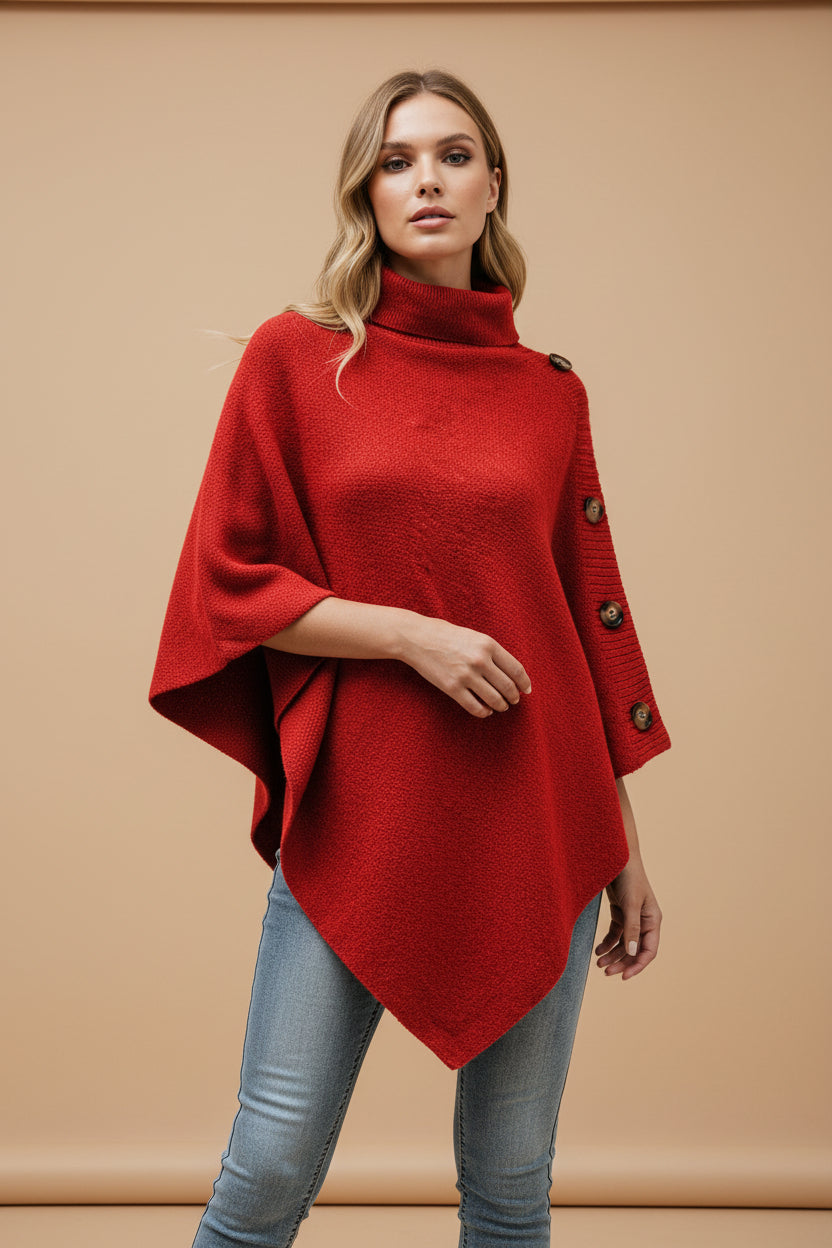 Women's Turtleneck Cape Sweater – Knit Cloak with Button Detail