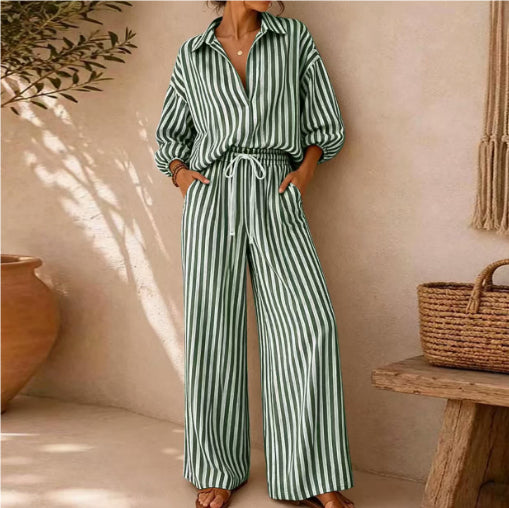 Women's Striped Shirt and Pants Set – Relaxed Lantern Sleeve Design