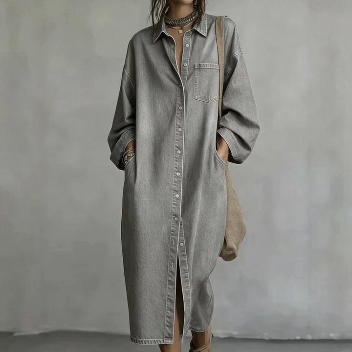 Women's Denim Look Shirt Dress – Loose Fit Single-Breasted Style