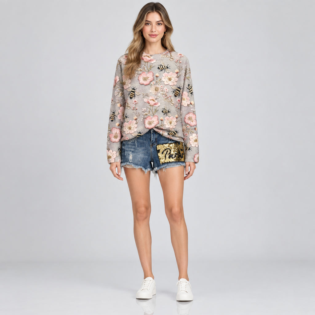 Women's 3D Sweater – Textured Ribbed Knit, Loose Fit Pullover