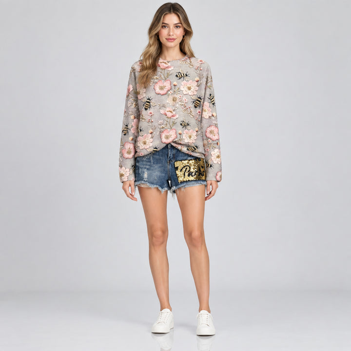 Women's 3D Sweater – Textured Ribbed Knit, Loose Fit Pullover