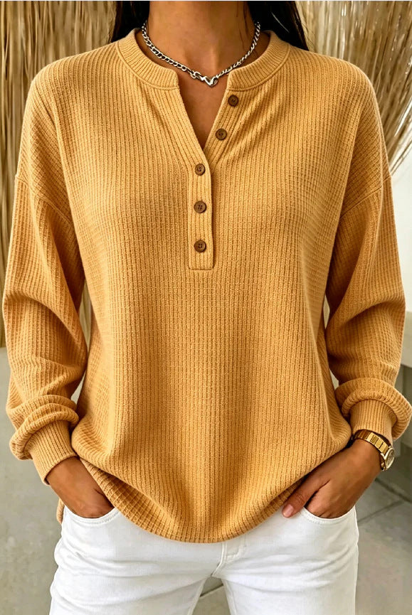 Women's Ribbed Knit Henley Top – Soft Long Sleeve T-Shirt