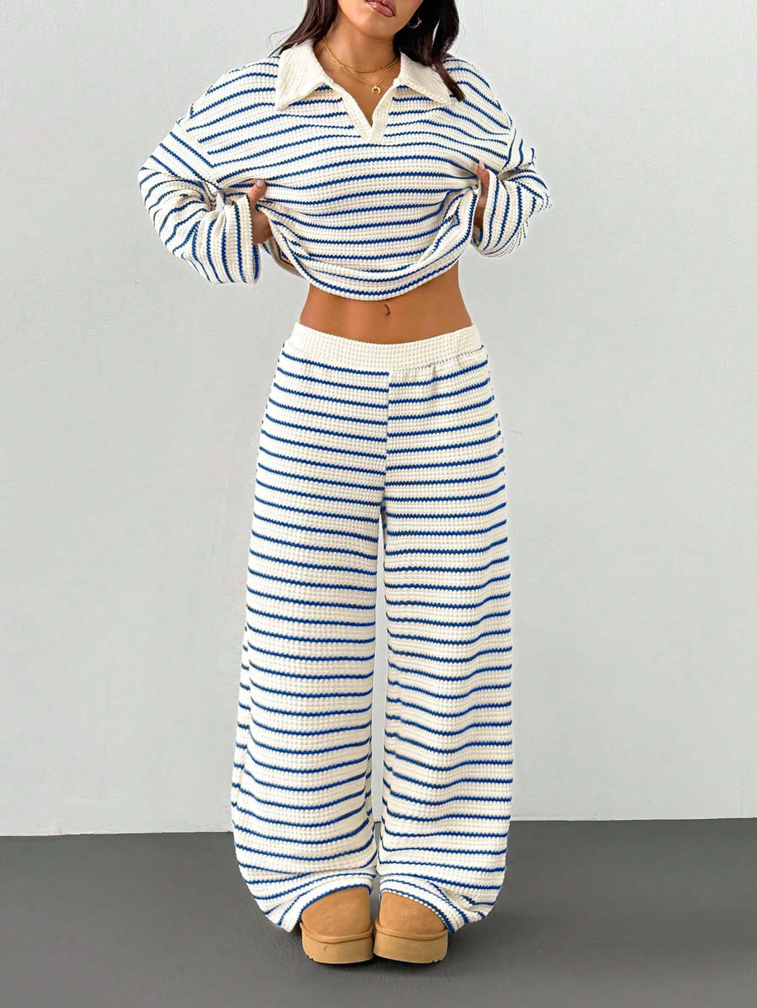 Striped Knit Two Piece Set for Women – Long Sleeve Top & Pants