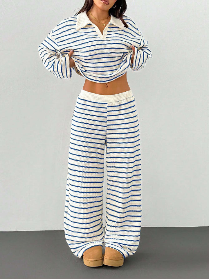 Striped Knit Two Piece Set for Women – Long Sleeve Top & Pants