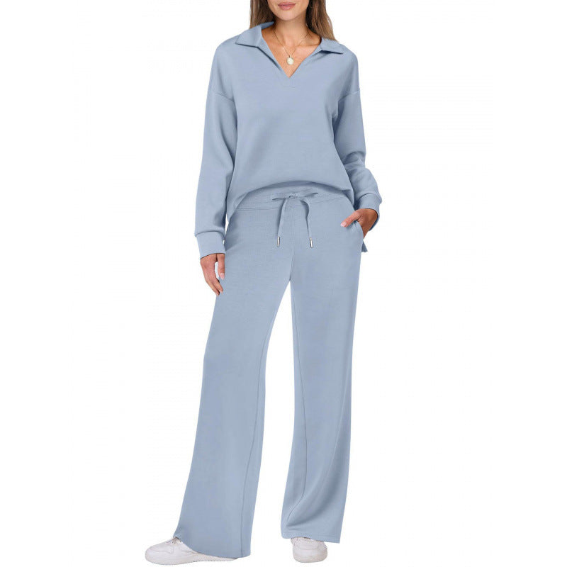 Women's Two Piece Lounge Set – Knit V-Neck Pullover & Straight-Leg Trousers