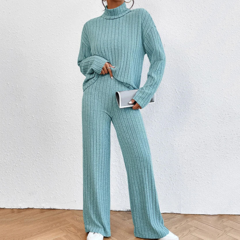Women's Knit Two Piece Set – Ribbed Turtleneck Top & Trouser