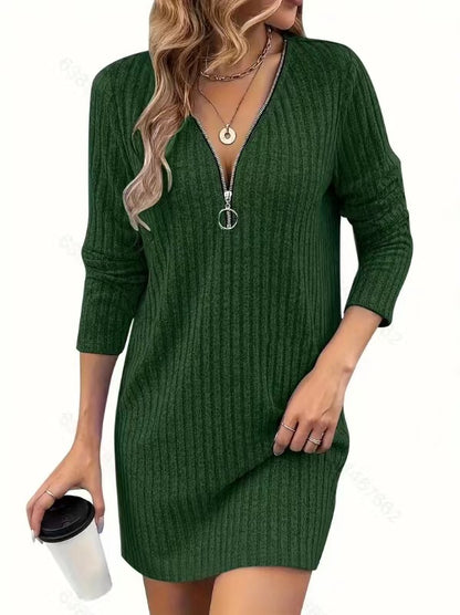 Women's V-Neck Zip Casual Midi Dress – Relaxed Textured Fit