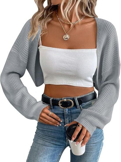 Cropped Knit Cardigan for Women – Open Shawl Front, Relaxed Fit
