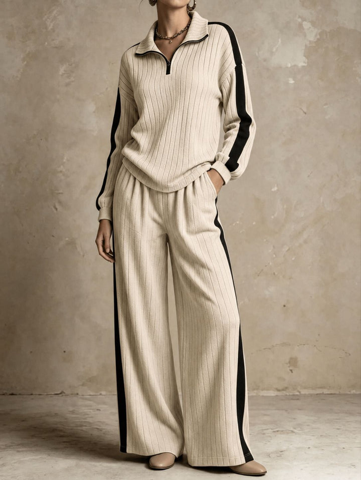 Women's Two Piece Lounge Set – Ribbed Knit Half-Zip Top & Pants