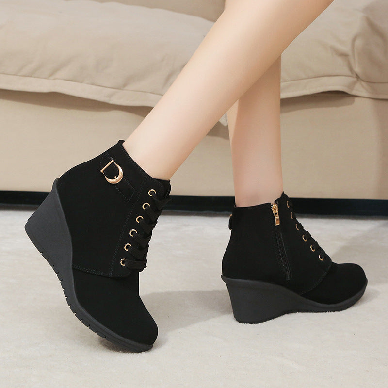 Women's Wedge Heel Ankle Boot with Buckle & Side Zip – Suede Look