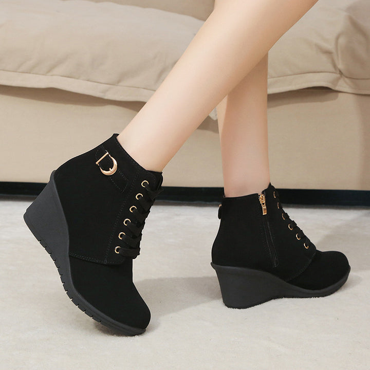 Women's Wedge Heel Ankle Boot with Buckle & Side Zip – Suede Look