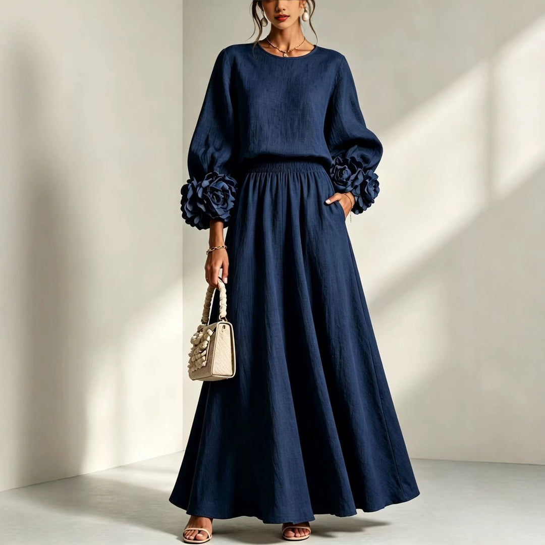 Women's Rose Puff-Sleeve A-Line Skirt Set – Dimensional Floral Detail