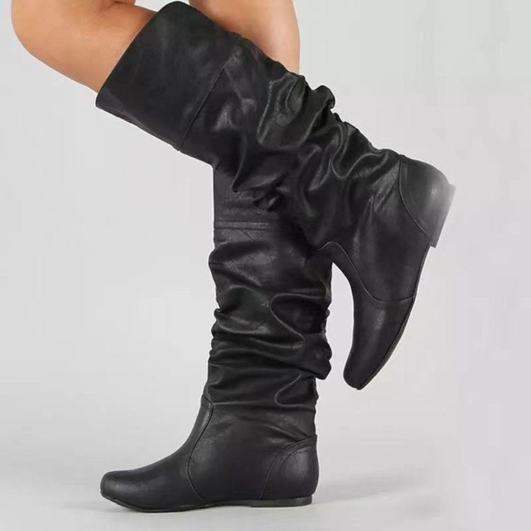 Women's Knee-High Flat Boot – Vegan Leather Slim Shaft Slip-On