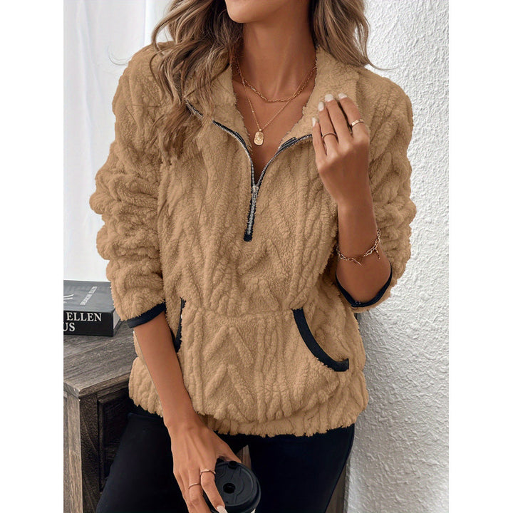 Women's Plush Sweater – Contrast Collar Half-Zip Design