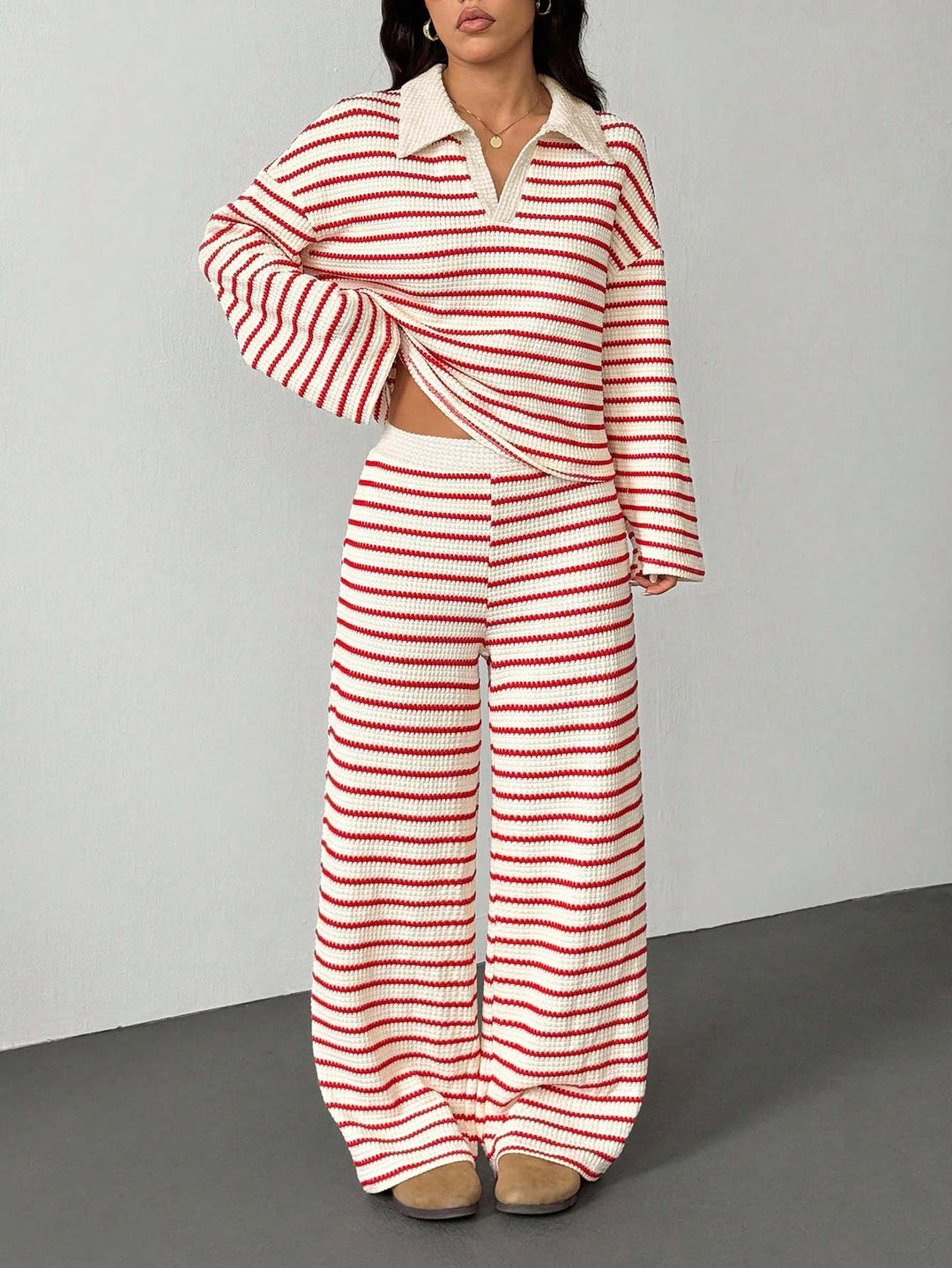Striped Knit Two Piece Set for Women – Long Sleeve Top & Pants