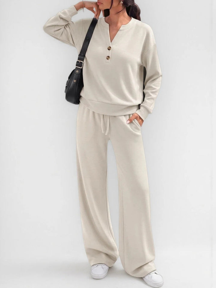 Women's Lounge Set – Soft Stretch Long Sleeve Top & Wide Leg Pants