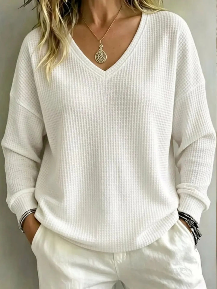 Women's V-Neck Long Sleeve Pullover Top – Regular Fit, Fluid Drape