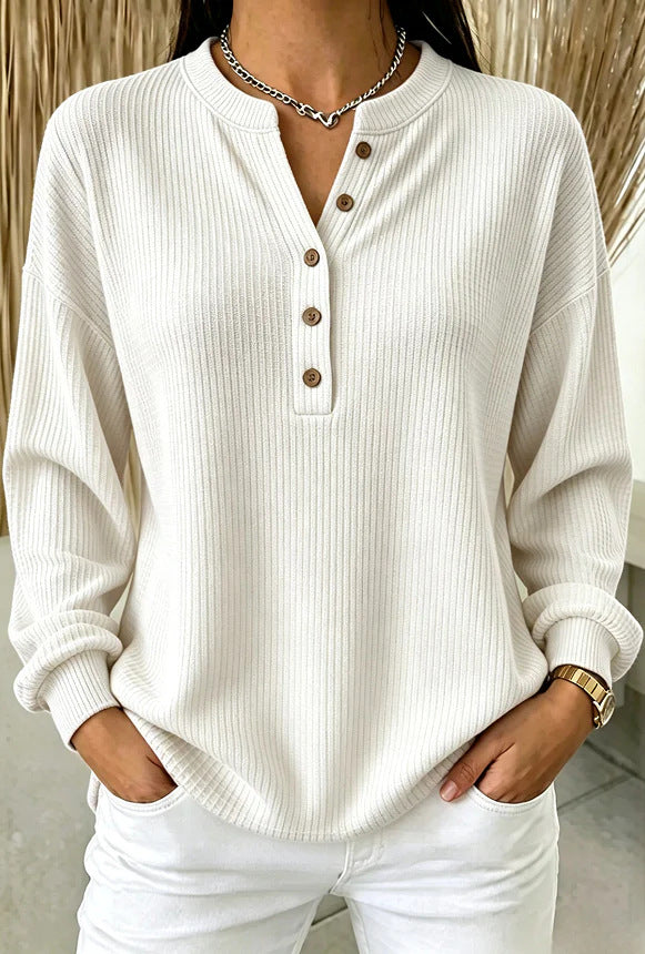 Women's Ribbed Knit Henley Top – Soft Long Sleeve T-Shirt