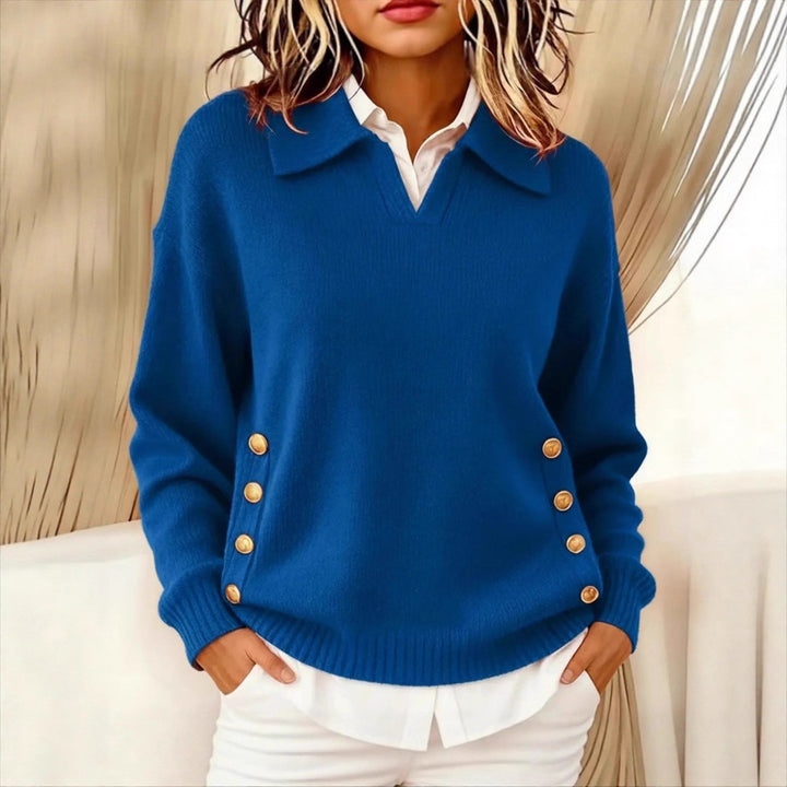 Cotton Pullover Sweater for Women – Turn-Down Collar, Button Trim