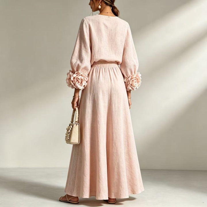 Women's Rose Puff-Sleeve A-Line Skirt Set – Dimensional Floral Detail