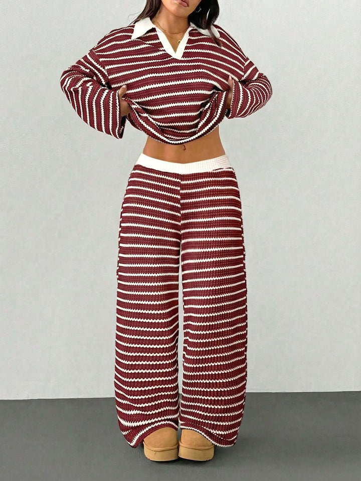 Striped Knit Two Piece Set for Women – Long Sleeve Top & Pants