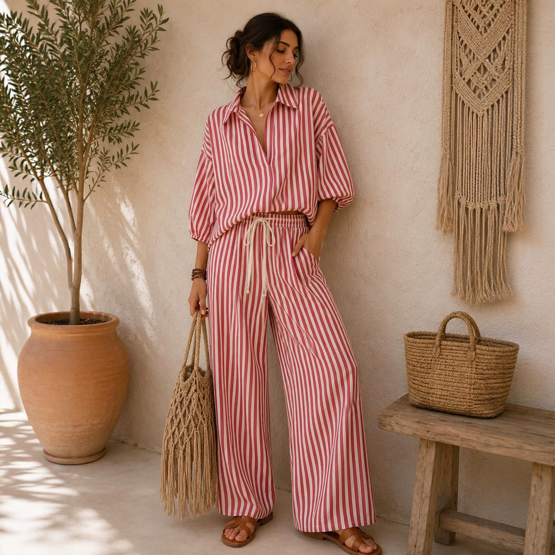 Women's Striped Shirt and Pants Set – Relaxed Lantern Sleeve Design