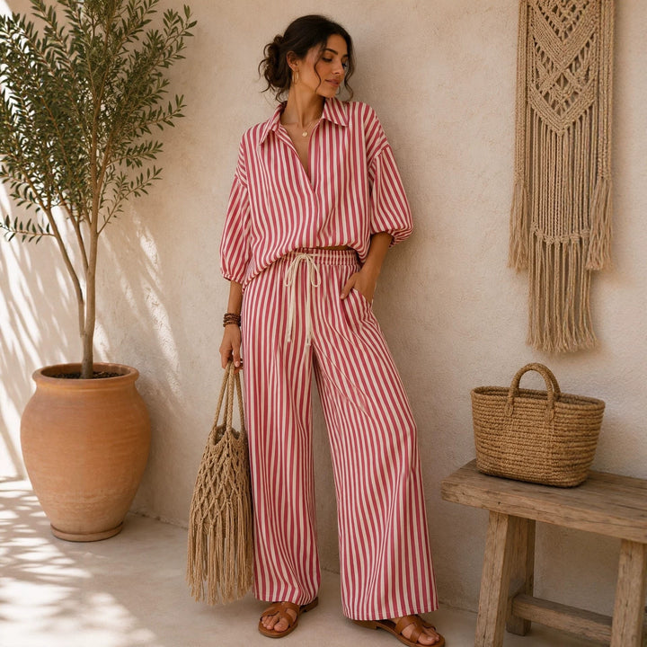 Women's Striped Shirt and Pants Set – Relaxed Lantern Sleeve Design