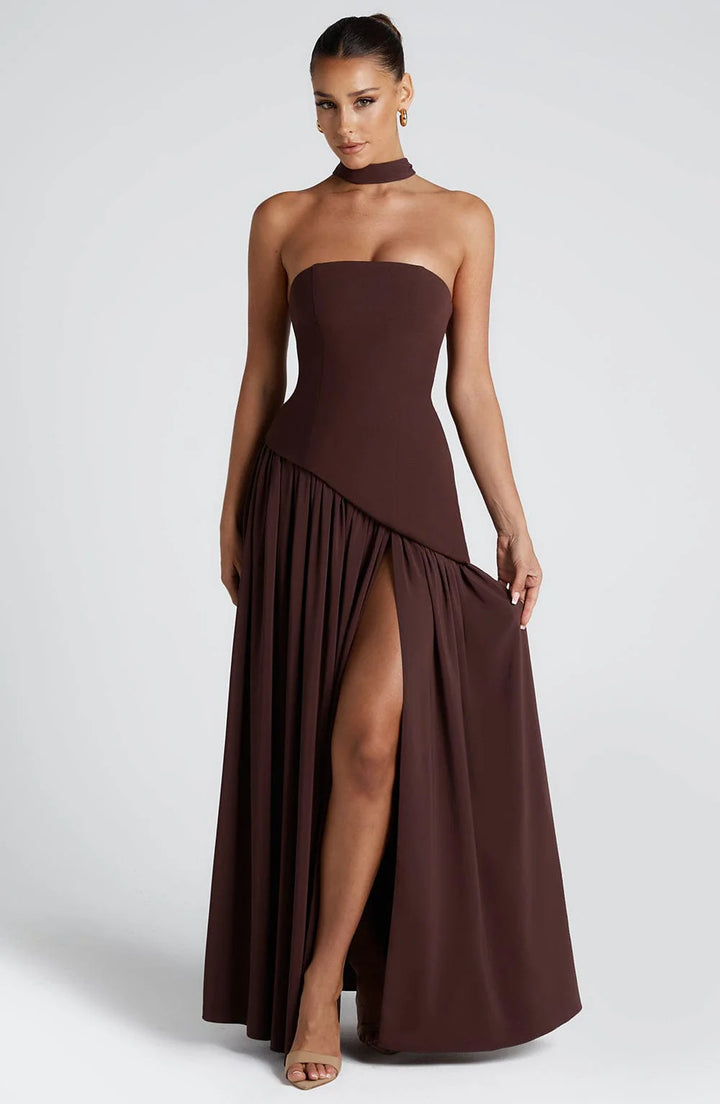 Women's Strapless Slit Dress – High Waist Patchwork Silhouette
