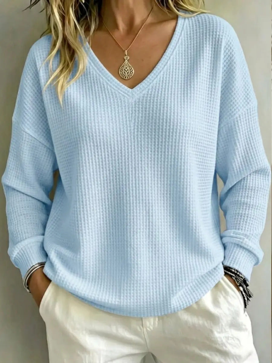Women's V-Neck Long Sleeve Pullover Top – Regular Fit, Fluid Drape