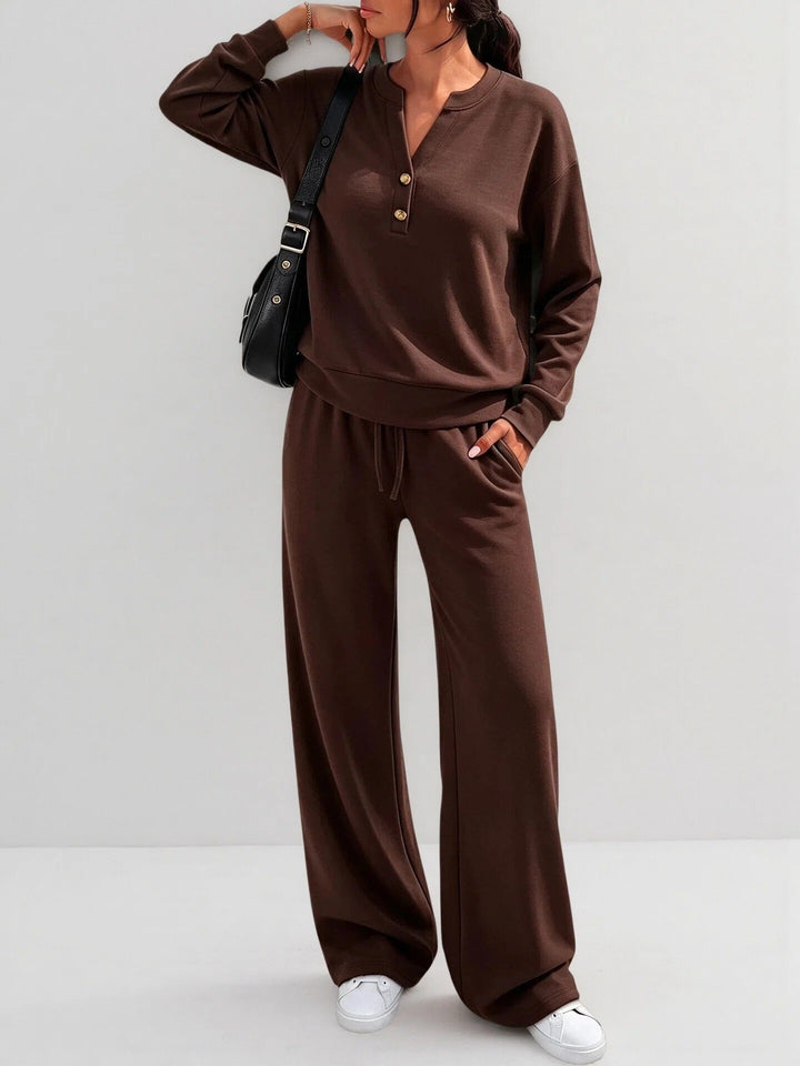 Women's Lounge Set – Soft Stretch Long Sleeve Top & Wide Leg Pants