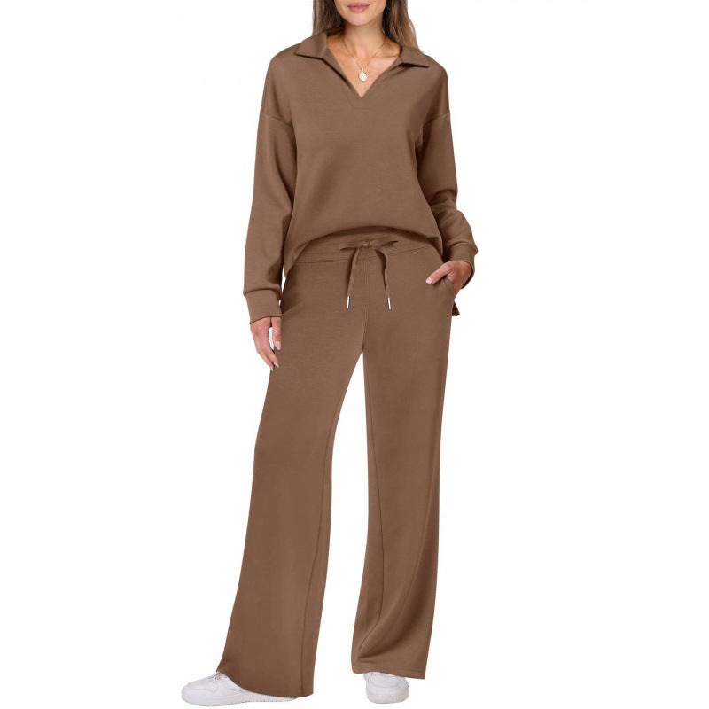 Women's Two Piece Lounge Set – Knit V-Neck Pullover & Straight-Leg Trousers