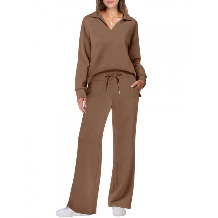 Women's Two Piece Lounge Set – Knit V-Neck Pullover & Straight-Leg Trousers
