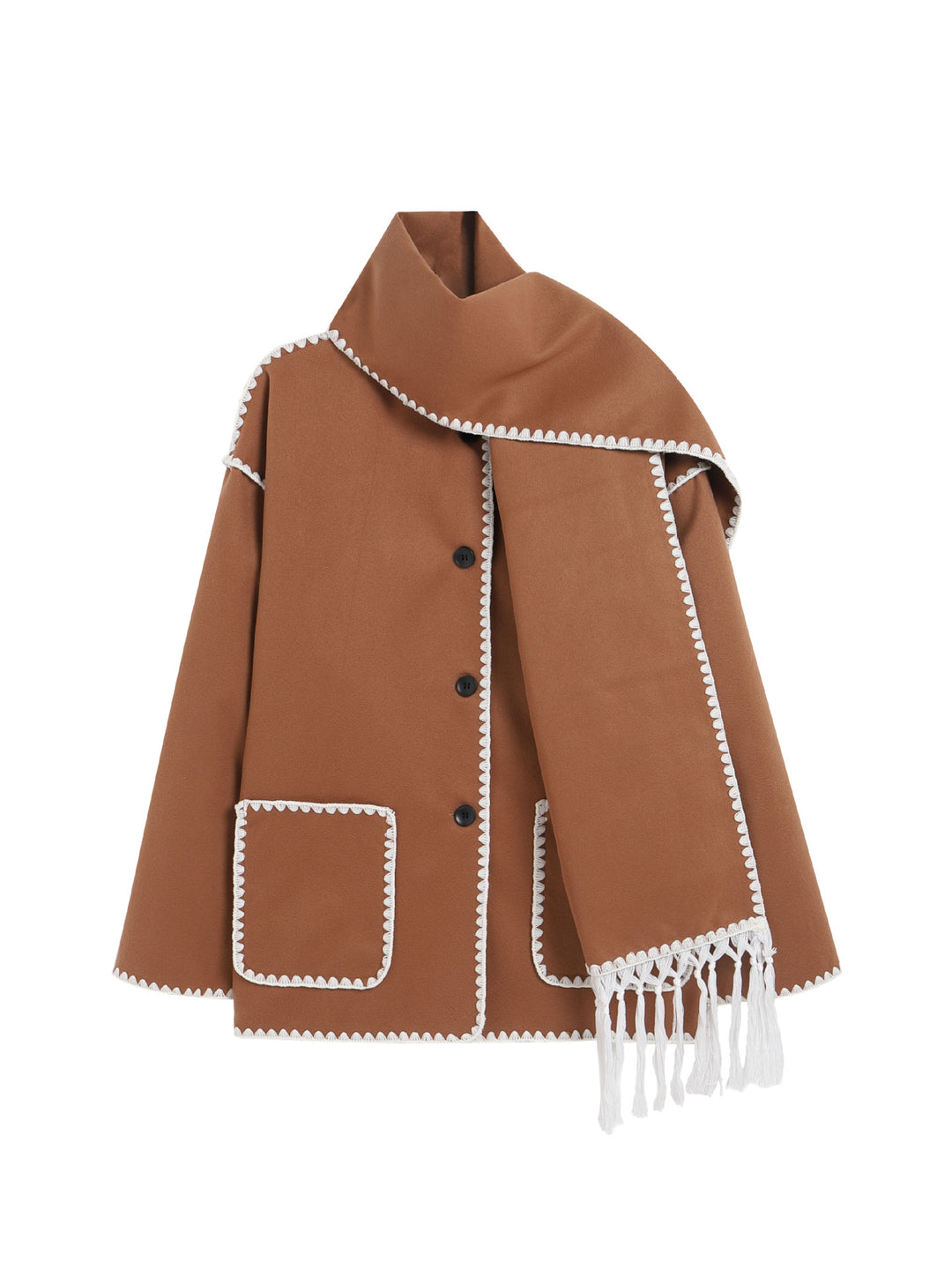 Women's Wool Coat with Attached Scarf – Thick Loose Fit