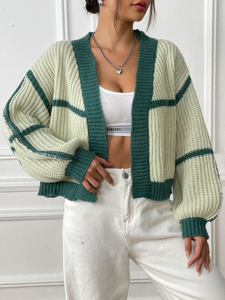 Women's Patchwork Sweater – Color Contrast Lantern Sleeve Pullover