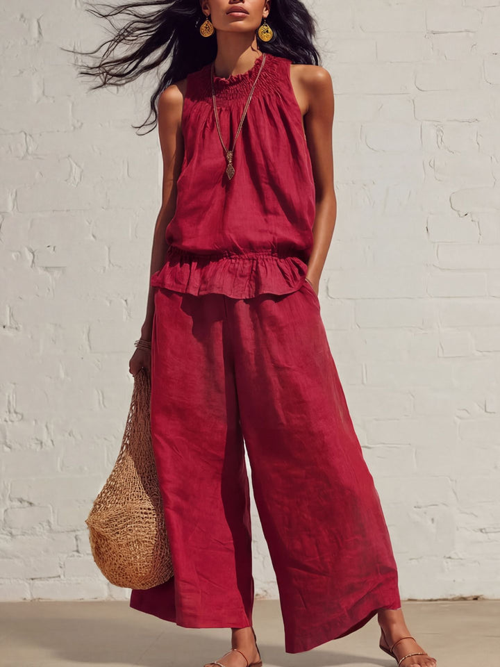 Women's Two Piece Set Sleeveless Ruffled Vest and Straight-Leg Pants